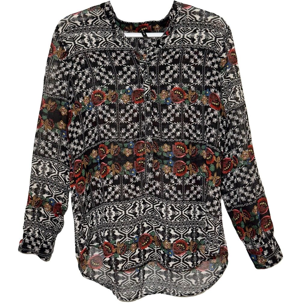 MNG Collection Mango Women’s M Boho Floral Geometric Button Blouse Morocco